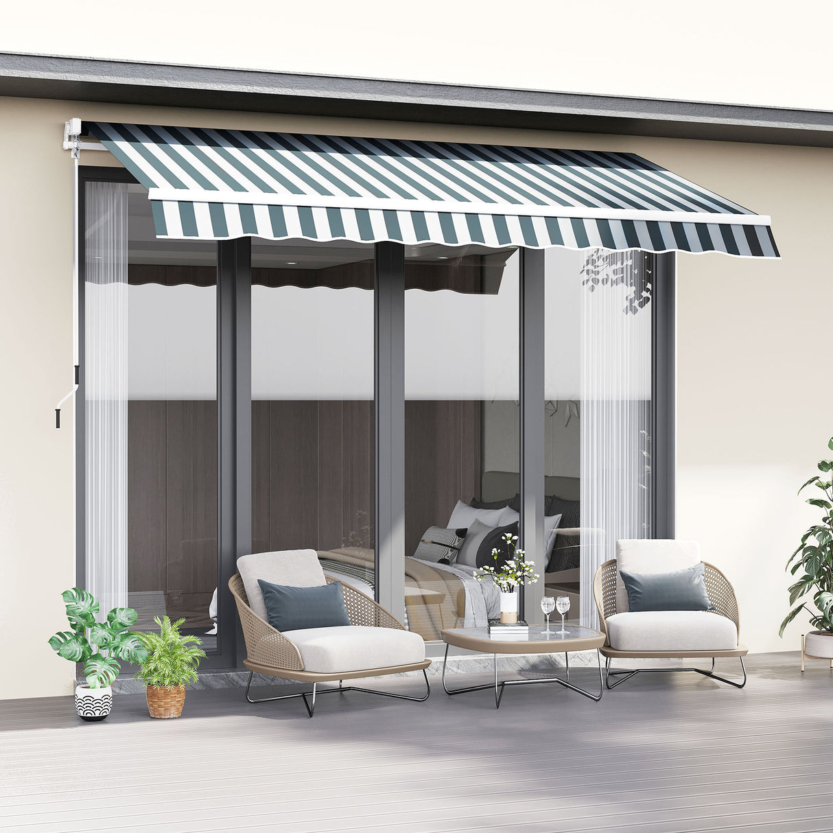 Polyester Manual Retractable Awning 250cm Wide x 237cm Depth With White Stripes - Velmora