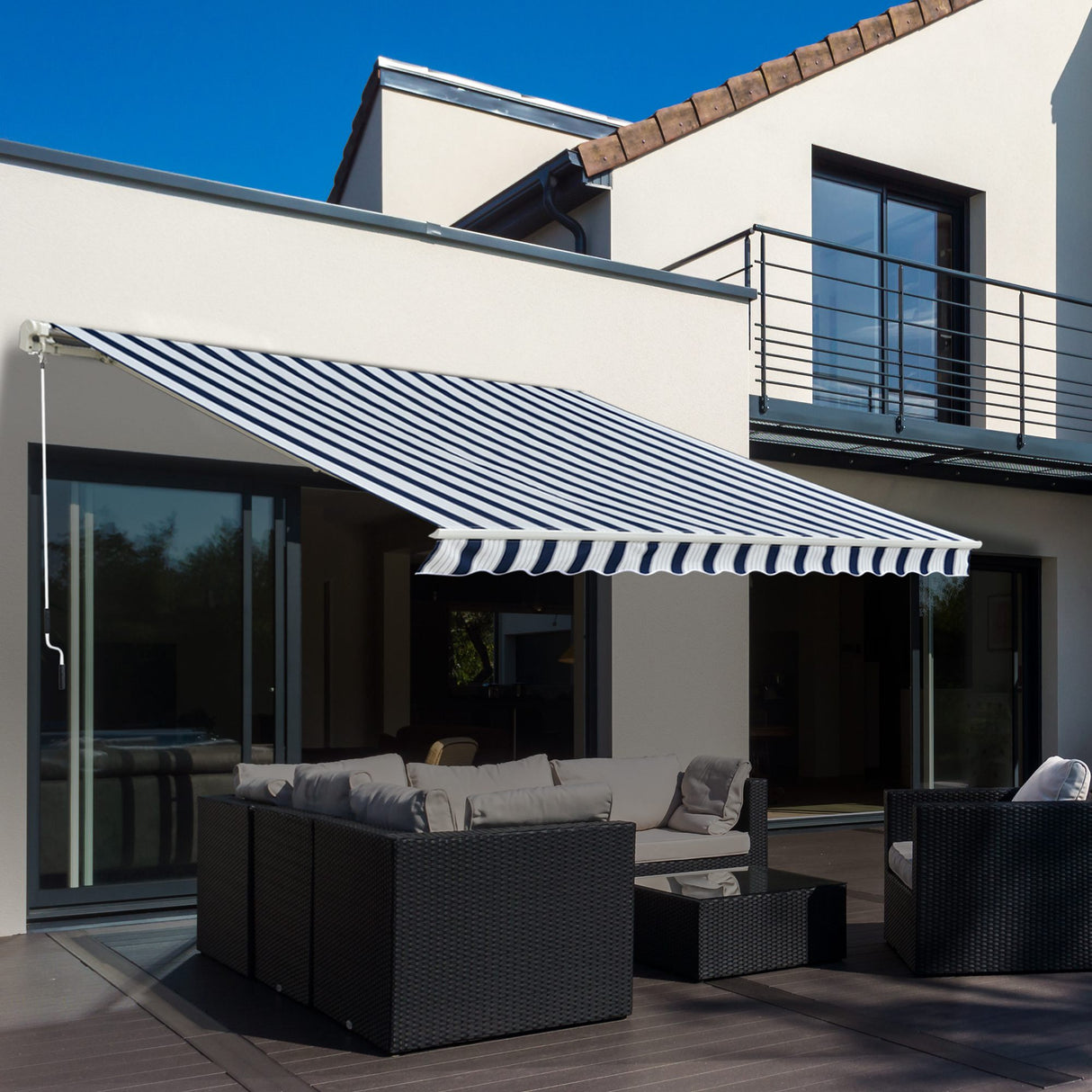 Polyester Manual Retractable Awning 295cm Wide x 250cm Depth With White Stripes - Velmora