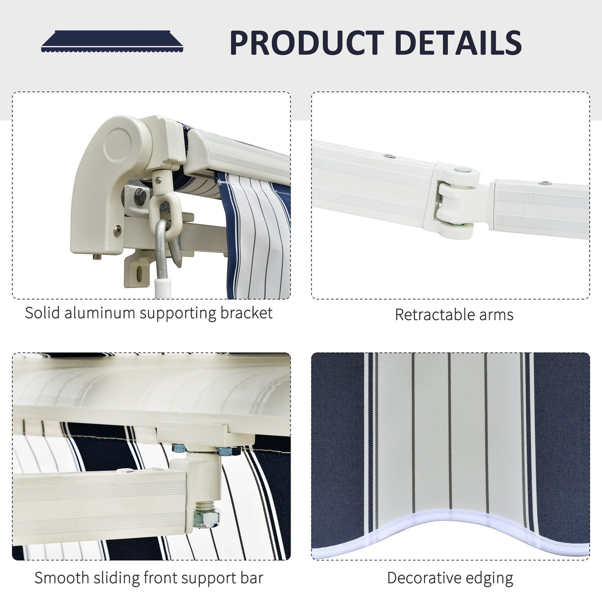 Polyester Manual Retractable Awning 295cm Wide x 250cm Depth With White Stripes - Velmora