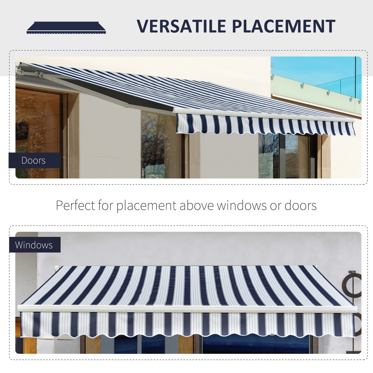 Polyester Manual Retractable Awning 295cm Wide x 250cm Depth With White Stripes - Velmora