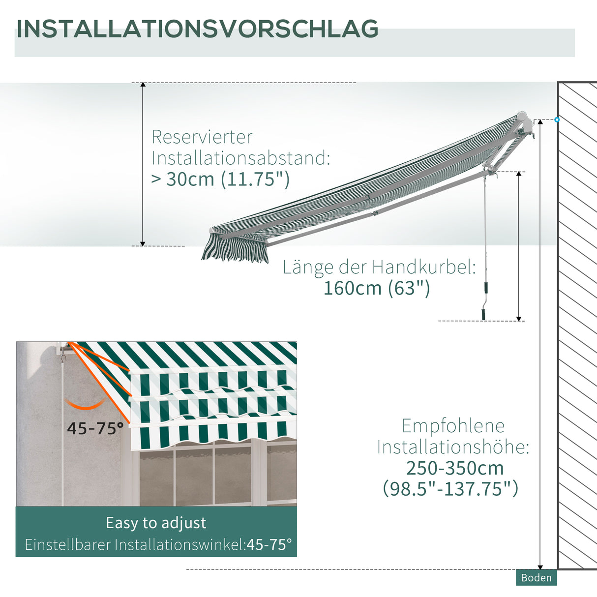 Polyester Manual Retractable Awning 295cm Wide x 250cm Depth With White Stripes - Velmora