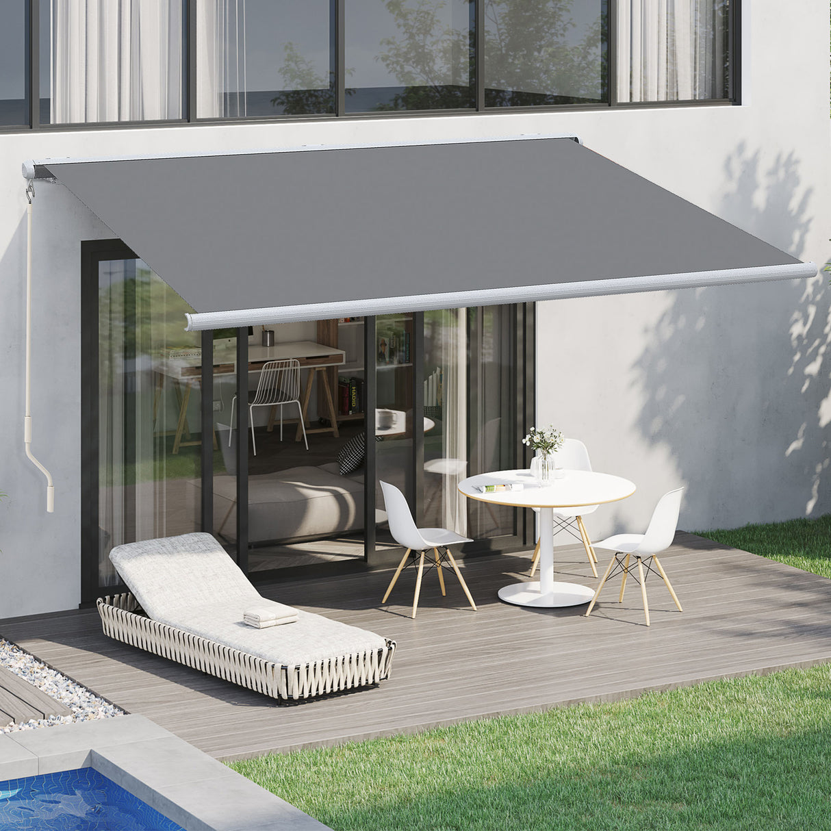 Polyester Manual Retractable Awning With LED Light 395cm Wide x 300cm Depth - Velmora