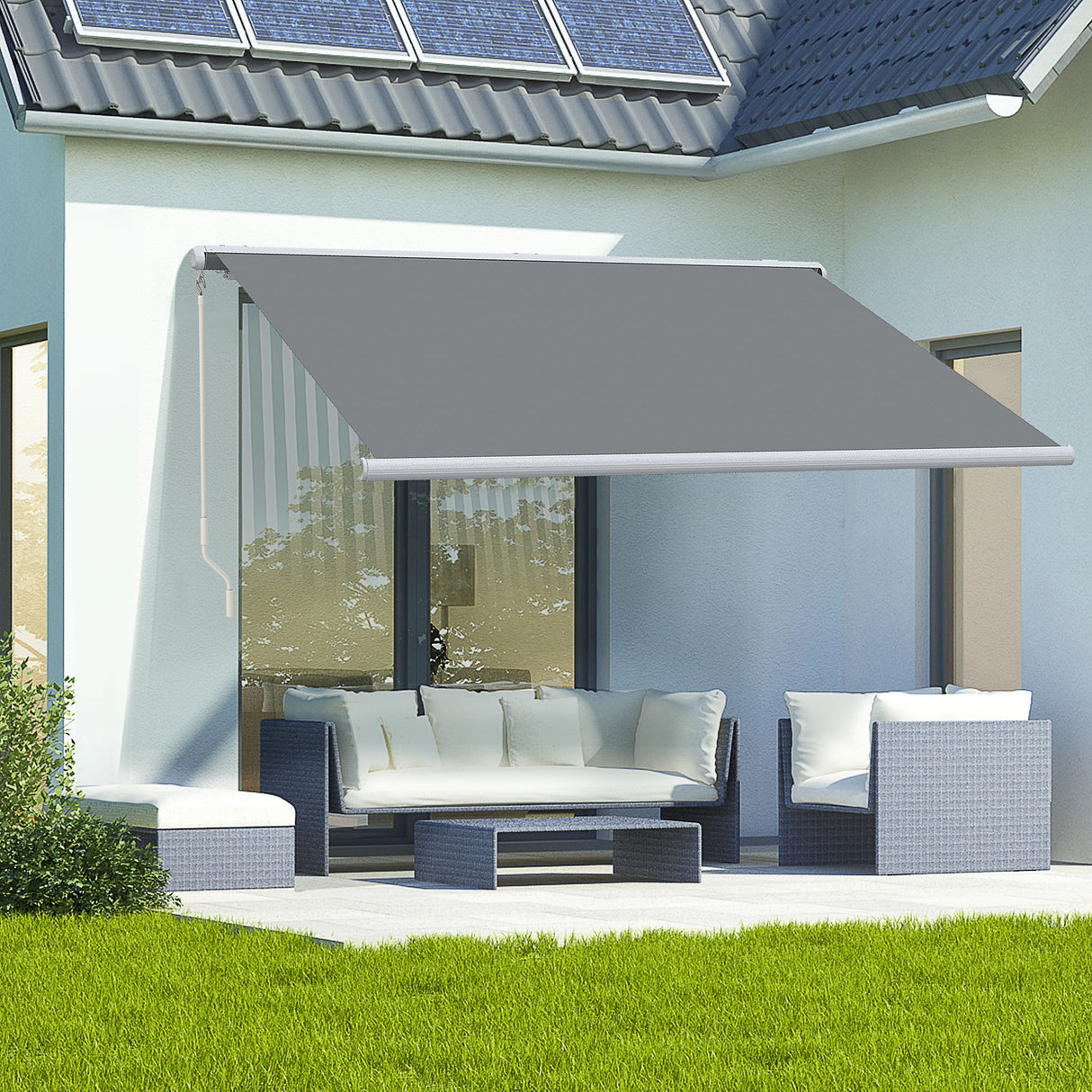 Polyester Manual Retractable Awning With LED Light 395cm Wide x 300cm Depth - Velmora
