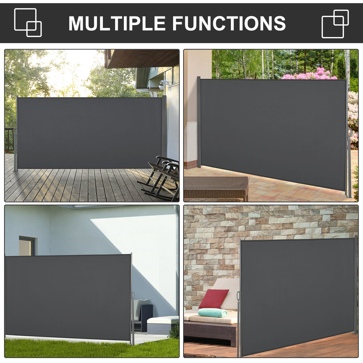 Polyester Retractable Sun Side Awning Screen Fence 160cm High x 300cm Wide - Velmora