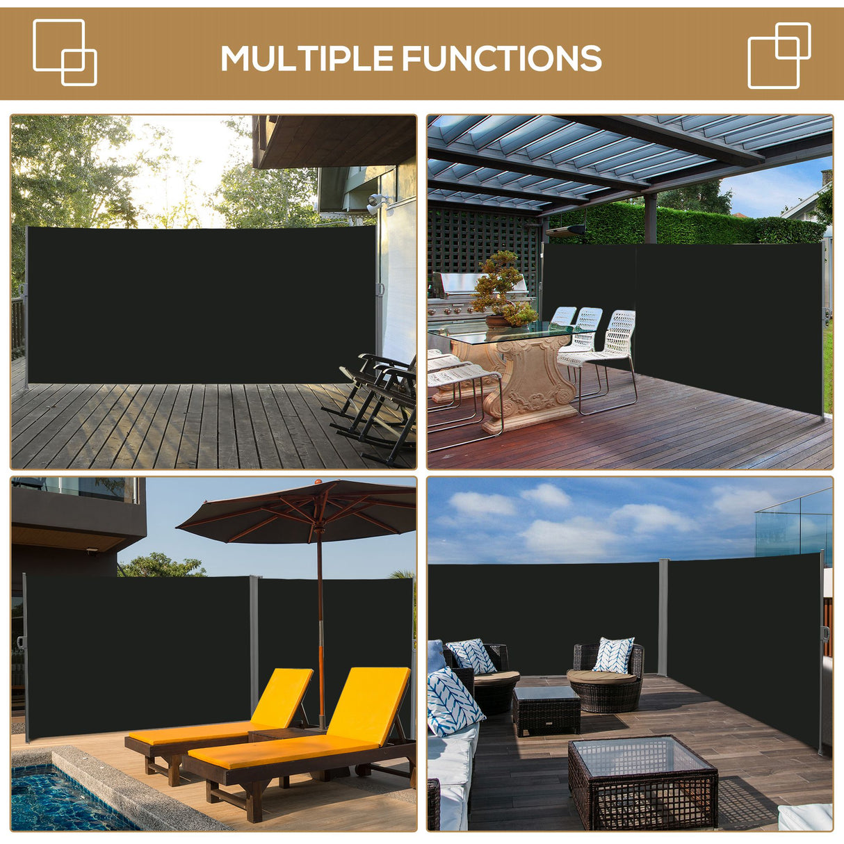 Polyester Retractable Sun Side Awning Screen Fence 200cm High x 300cm Wide - Velmora