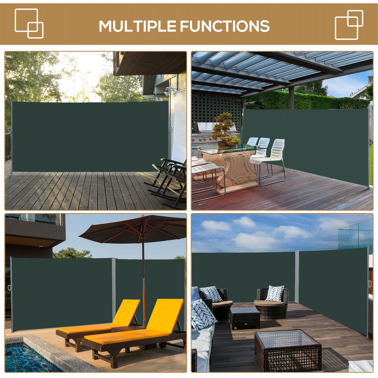 Polyester Retractable Sun Side Awning Screen Fence 200cm High x 300cm Wide - Velmora