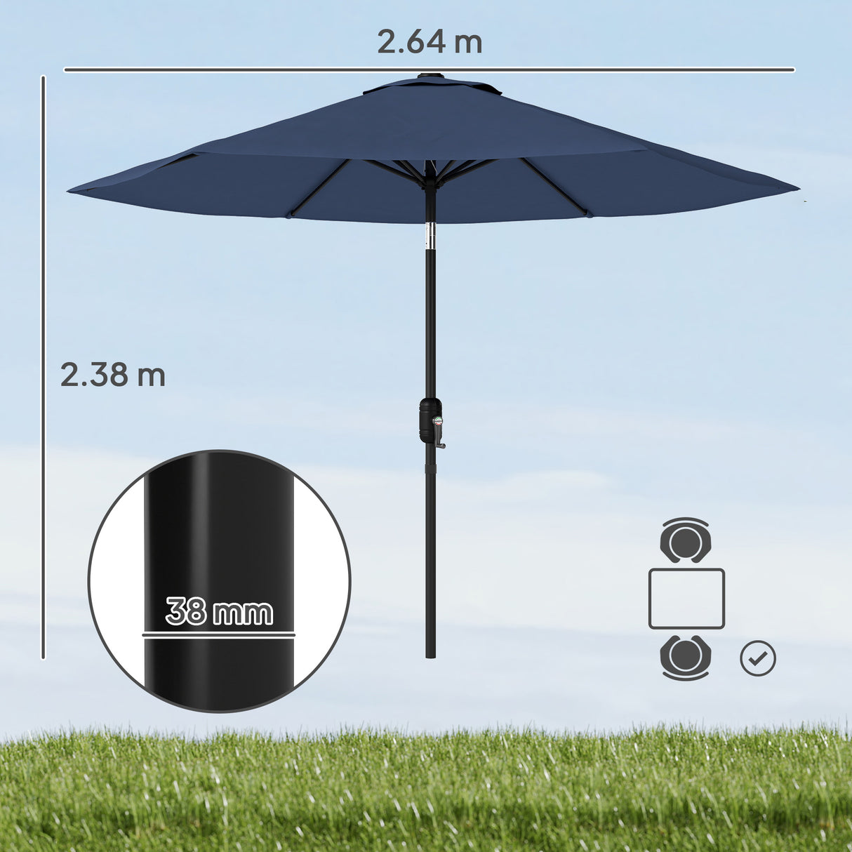 Polyester Tilting Parasol Umbrella 264cm Diameter x 238 High - Velmora