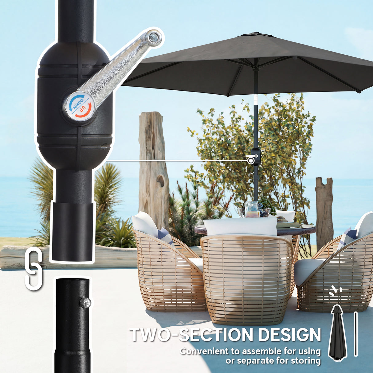 Polyester Tilting Parasol Umbrella 265cm Diameter - Velmora