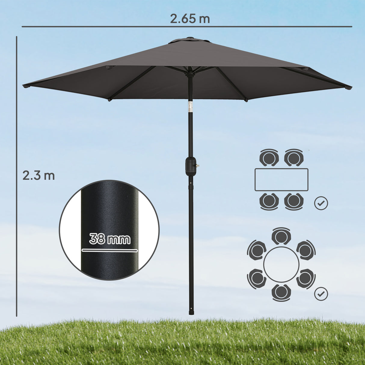 Polyester Tilting Parasol Umbrella 265cm Diameter - Velmora