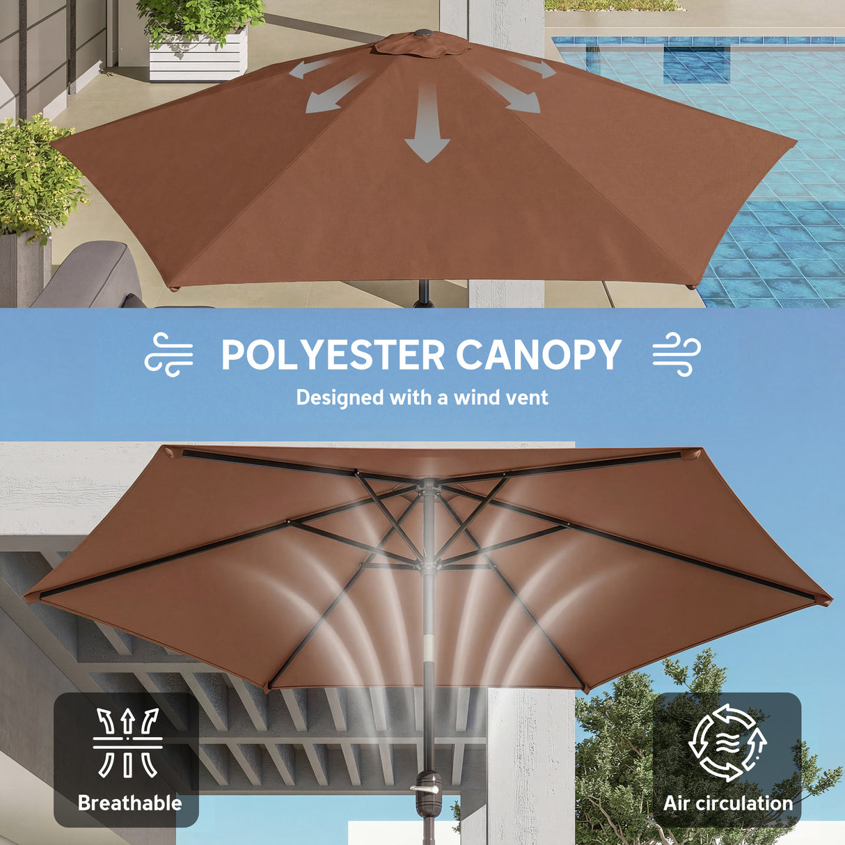 Polyester Tilting Parasol Umbrella 265cm Diameter - Velmora