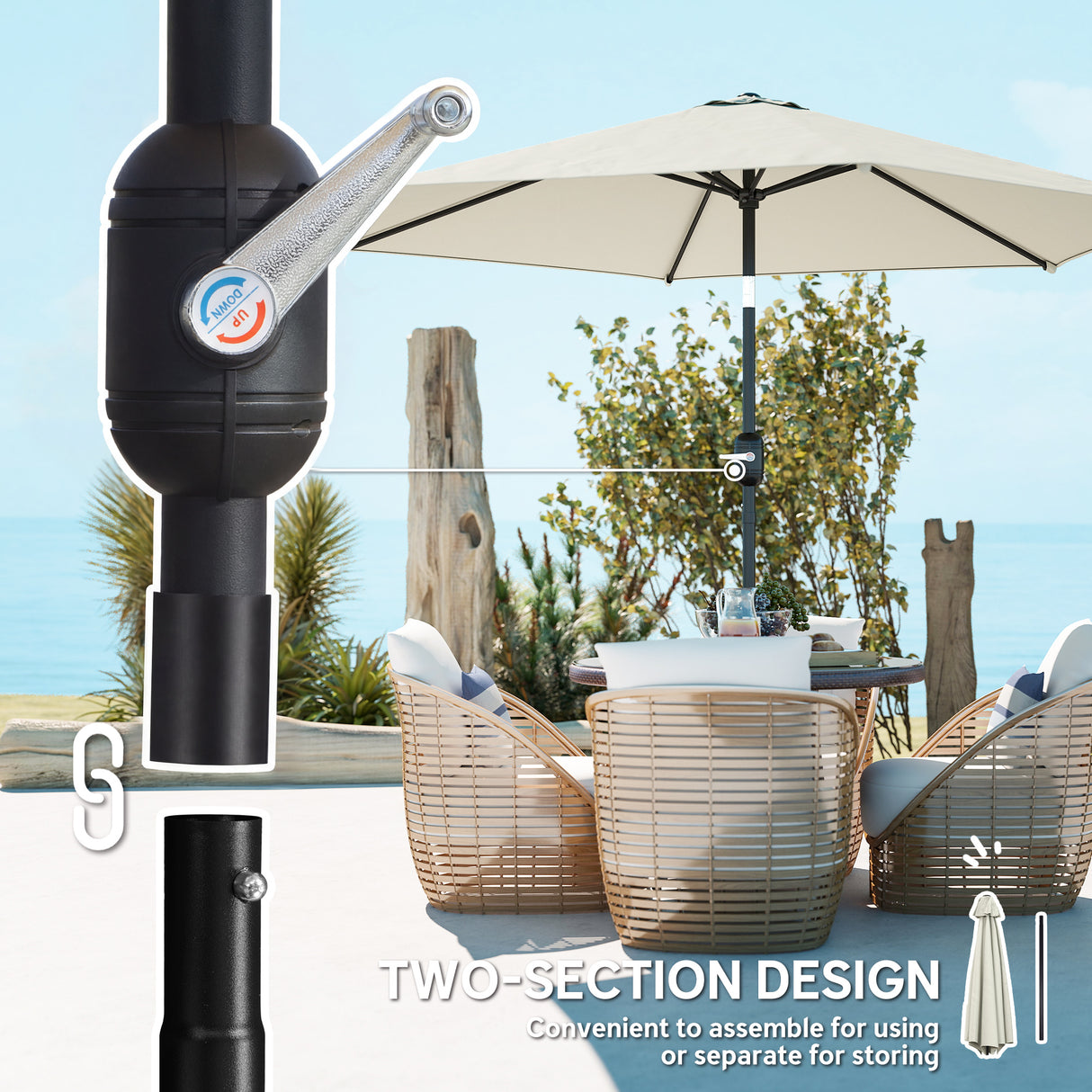 Polyester Tilting Parasol Umbrella 265cm Diameter - Velmora