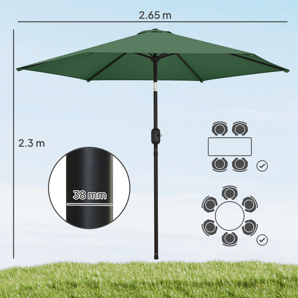 Polyester Tilting Parasol Umbrella 265cm Diameter - Velmora