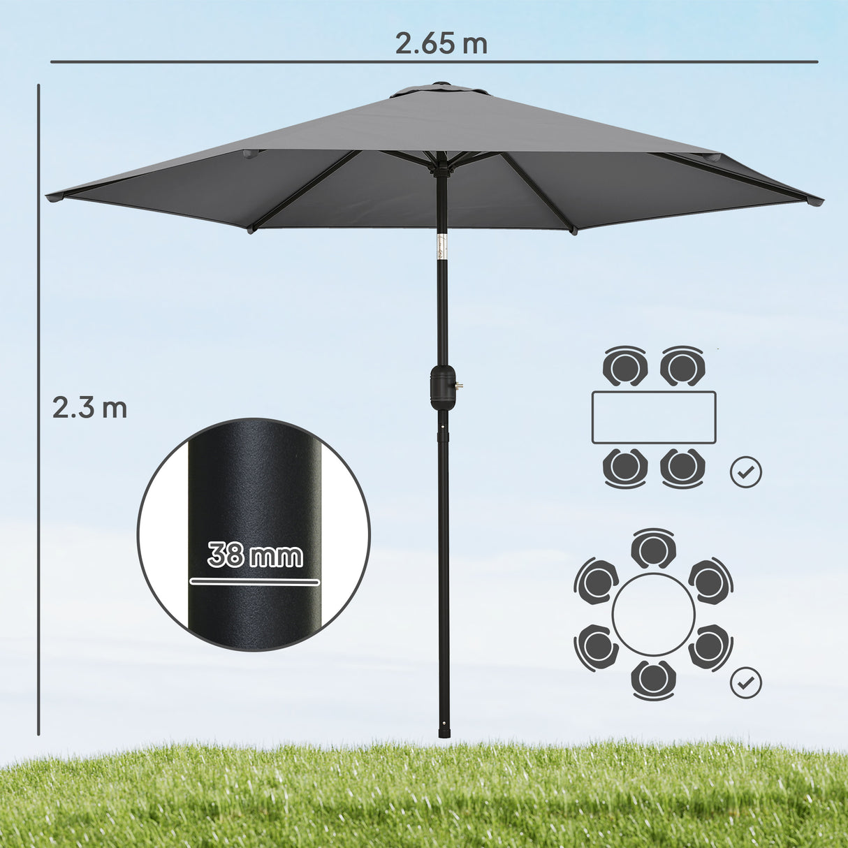 Polyester Tilting Parasol Umbrella 265cm Diameter - Velmora