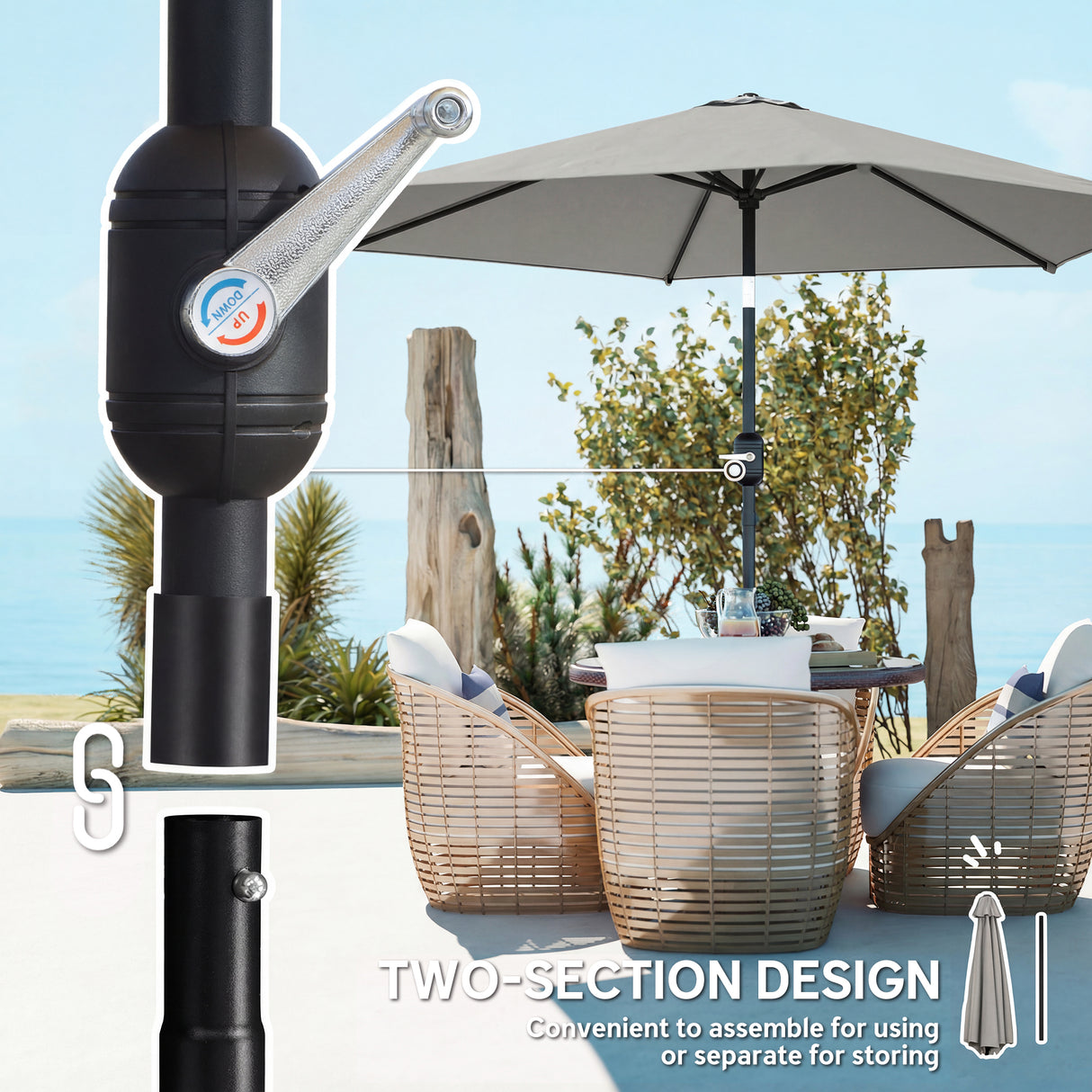 Polyester Tilting Parasol Umbrella 265cm Diameter - Velmora