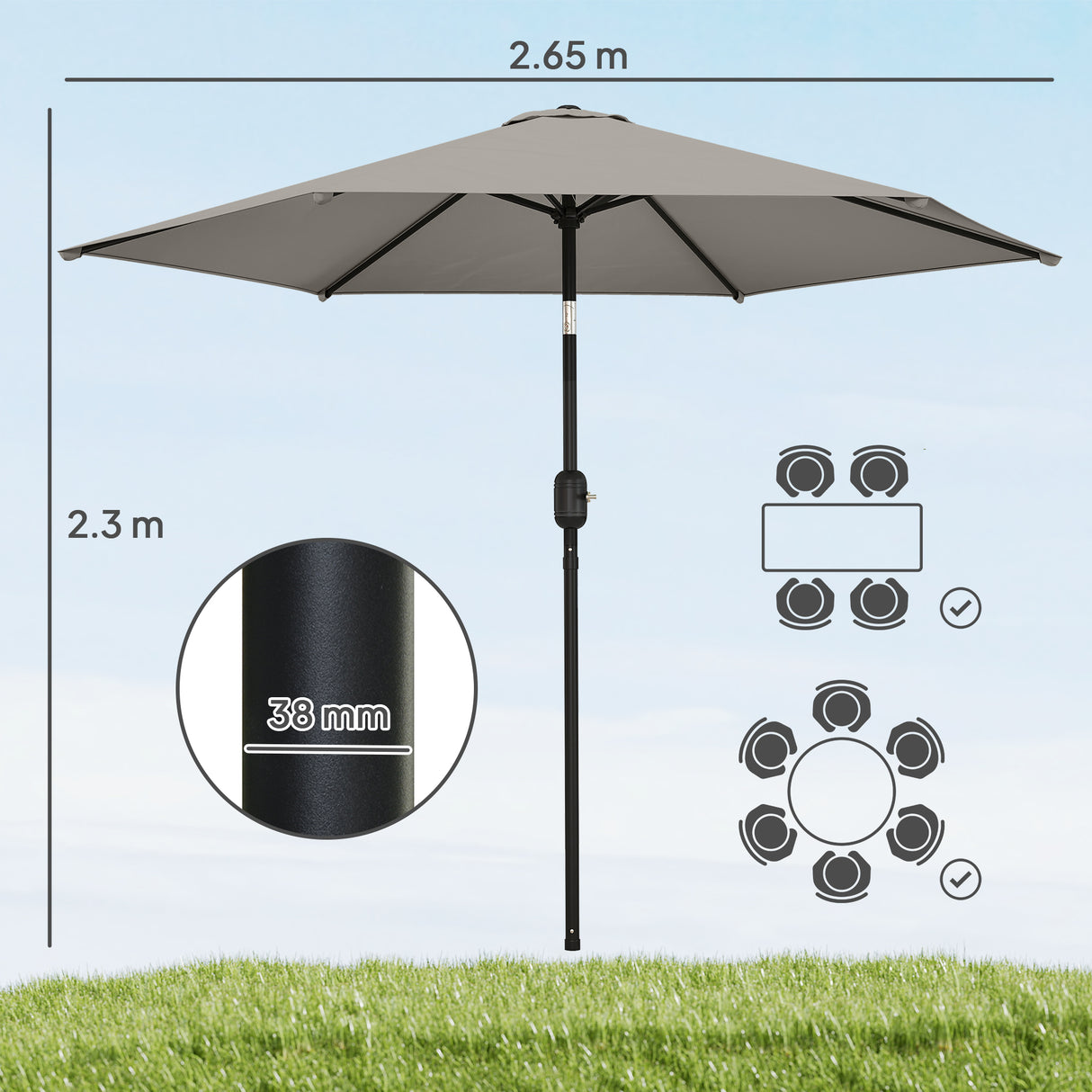 Polyester Tilting Parasol Umbrella 265cm Diameter - Velmora