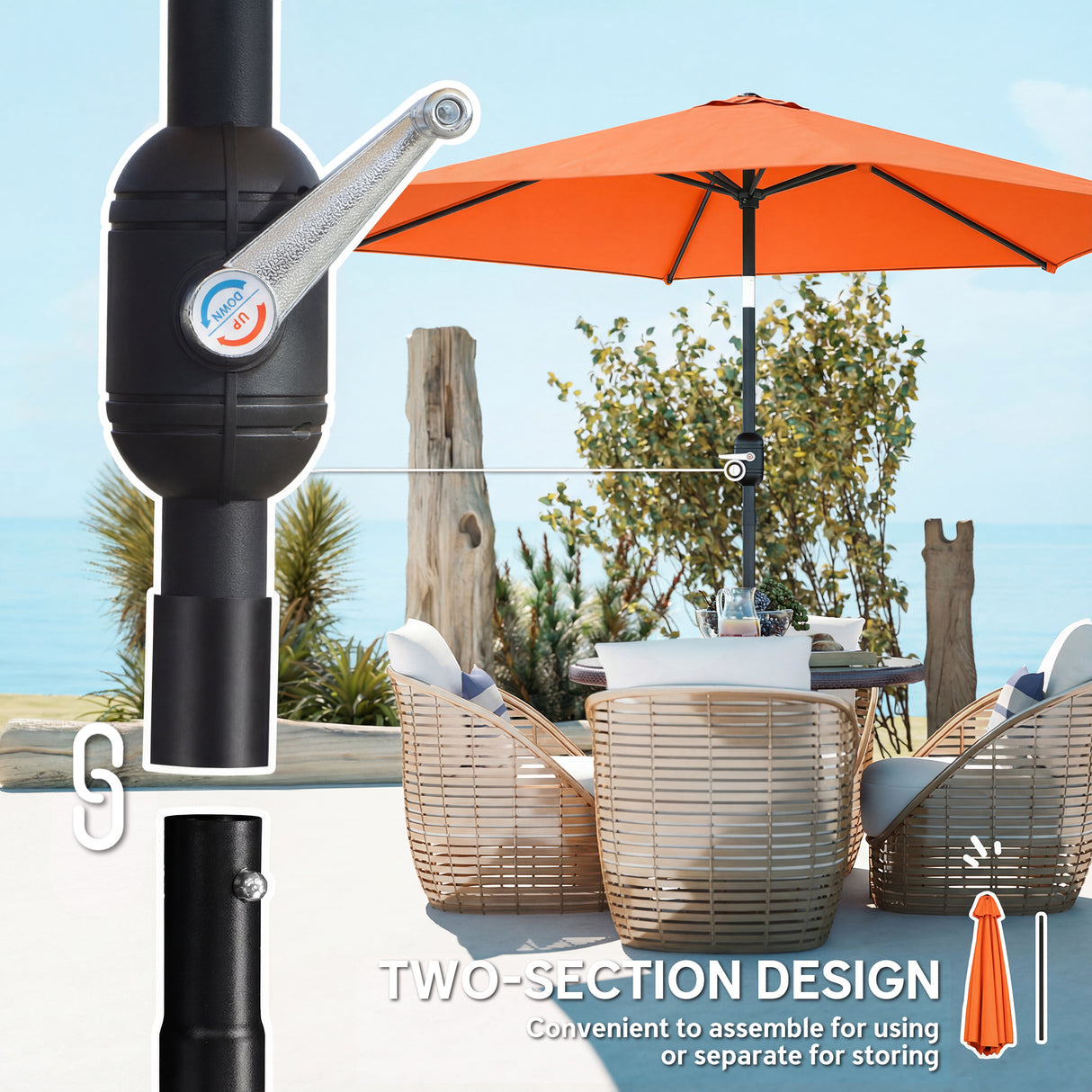 Polyester Tilting Parasol Umbrella 265cm Diameter - Velmora