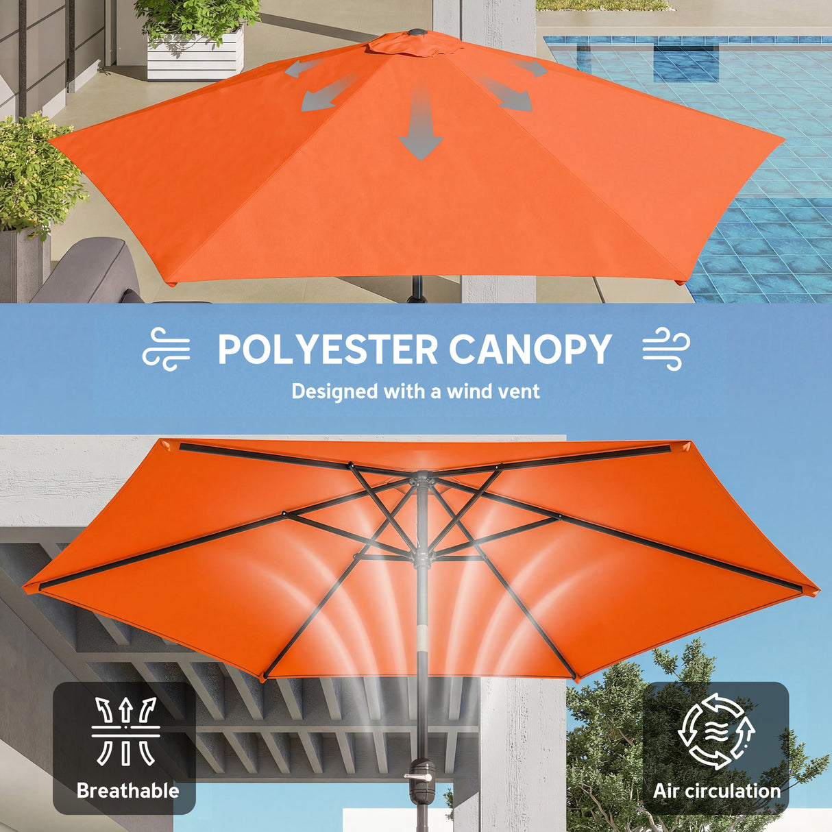 Polyester Tilting Parasol Umbrella 265cm Diameter - Velmora