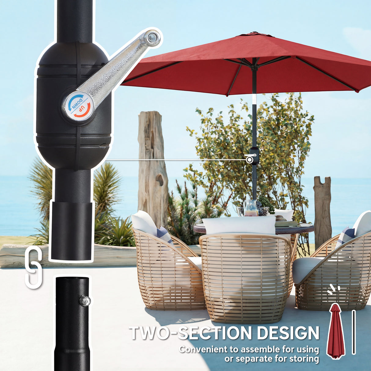 Polyester Tilting Parasol Umbrella 265cm Diameter - Velmora