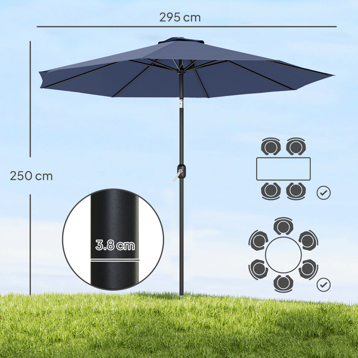 Polyester Tilting Parasol Umbrella 295cm Diameter - Velmora