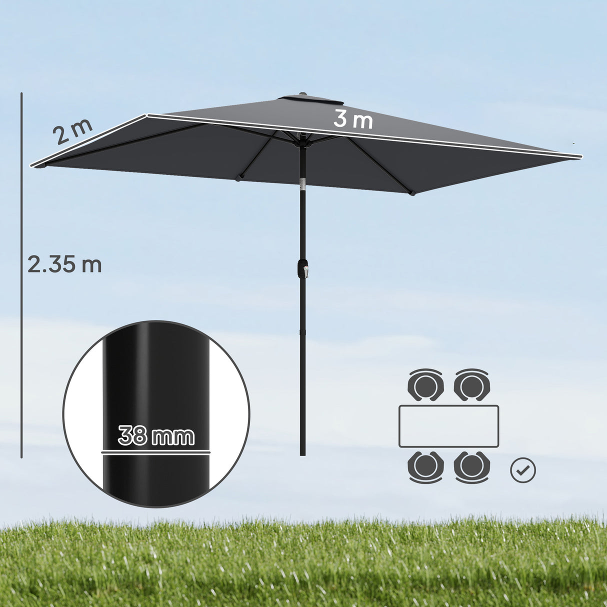 Polyester Tilting Parasol Umbrella 300cm Width x 200cm Depth - Velmora