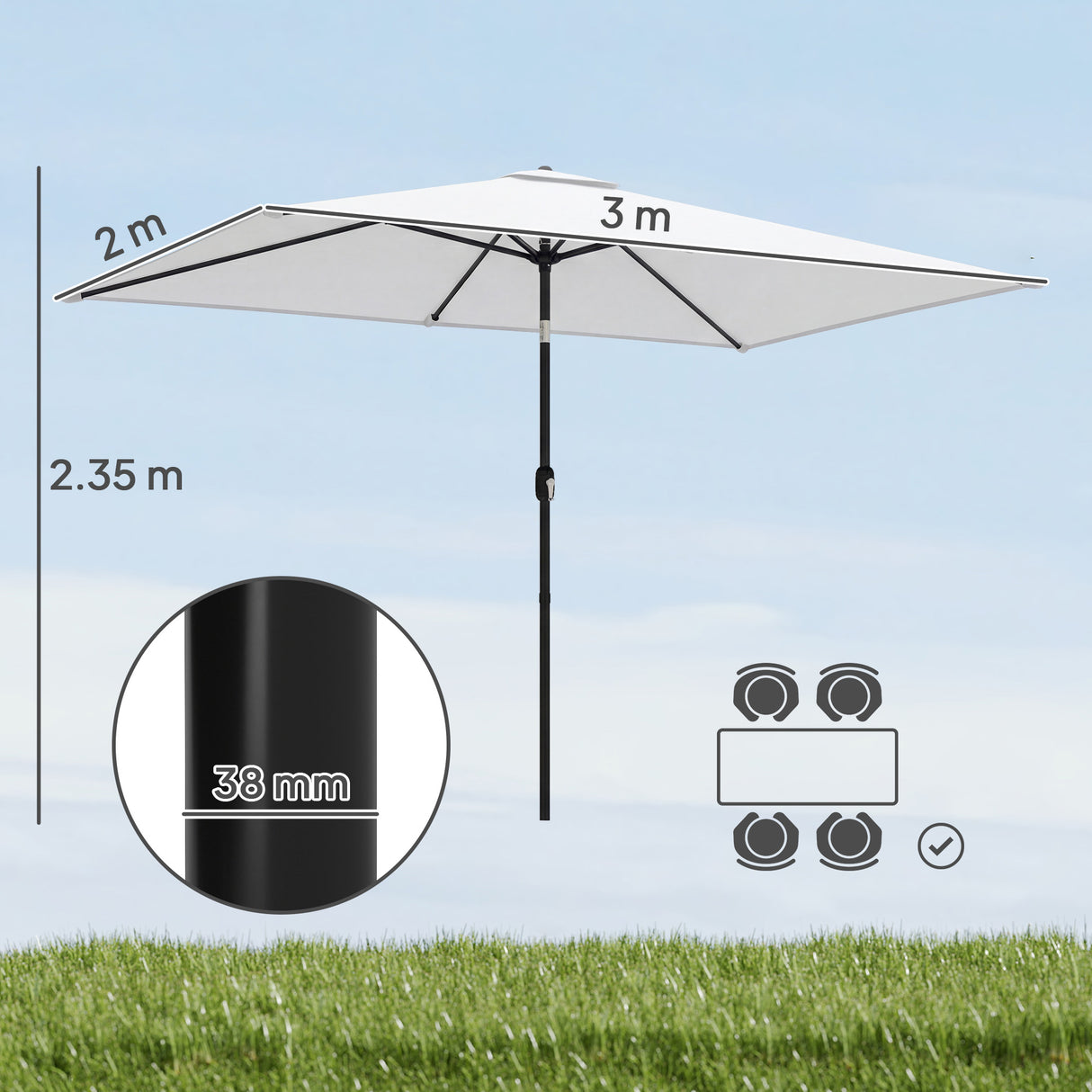 Polyester Tilting Parasol Umbrella 300cm Width x 200cm Depth - Velmora