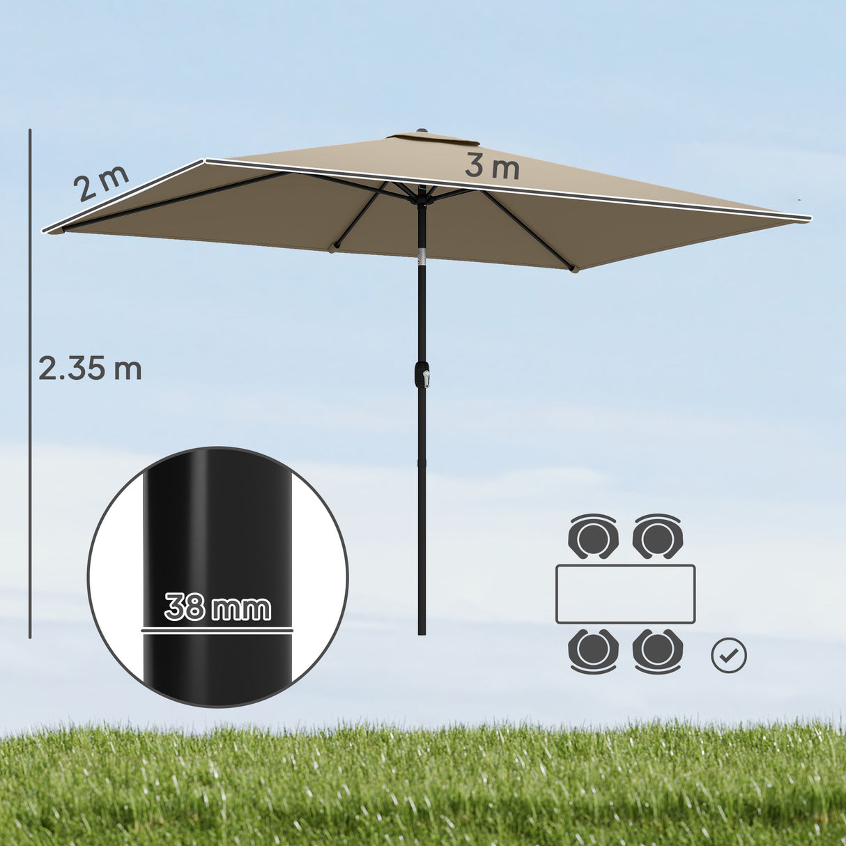 Polyester Tilting Parasol Umbrella 300cm Width x 200cm Depth - Velmora