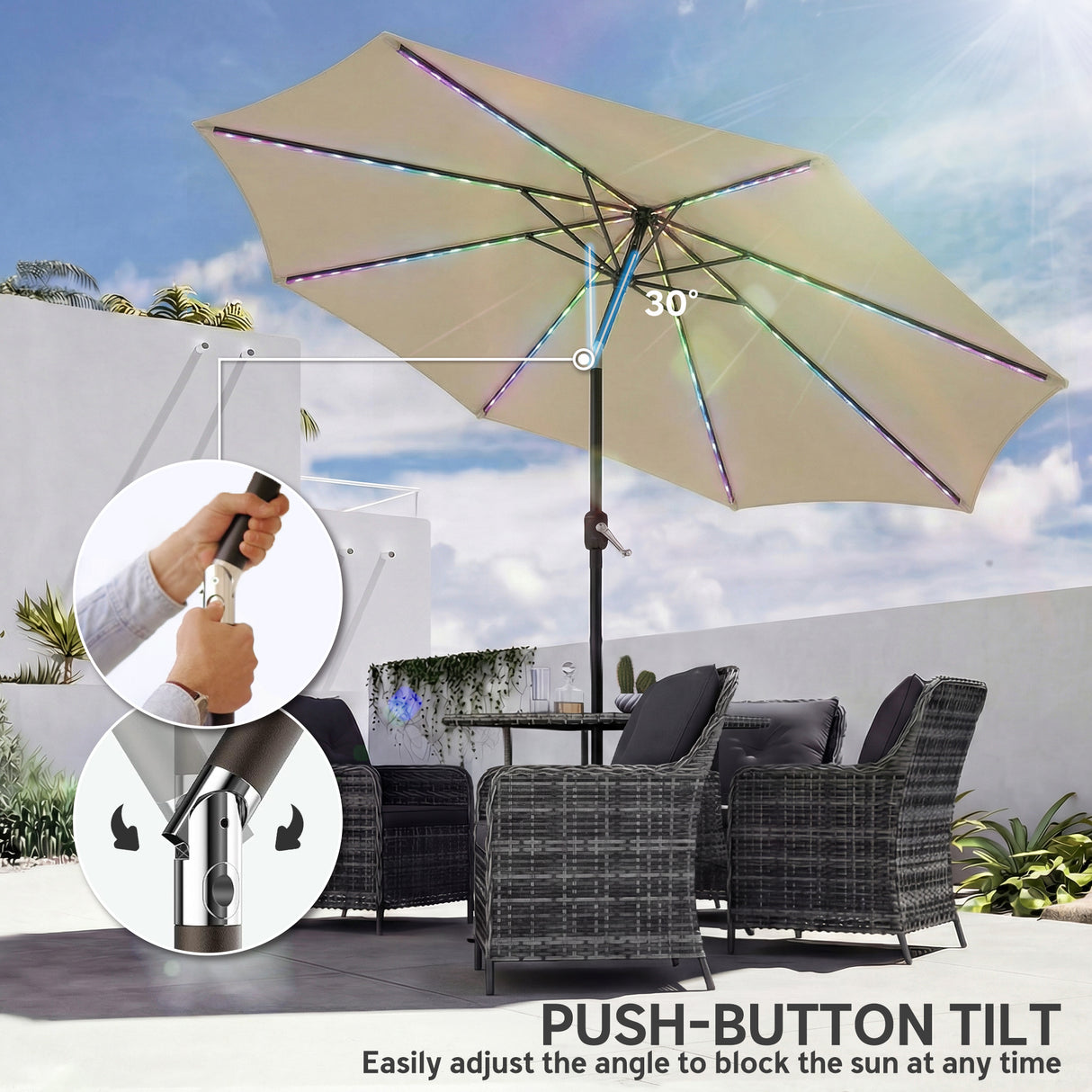 Polyester Tilting Parasol Umbrella With 112 Solar LED Light 295cm Diameter - Velmora