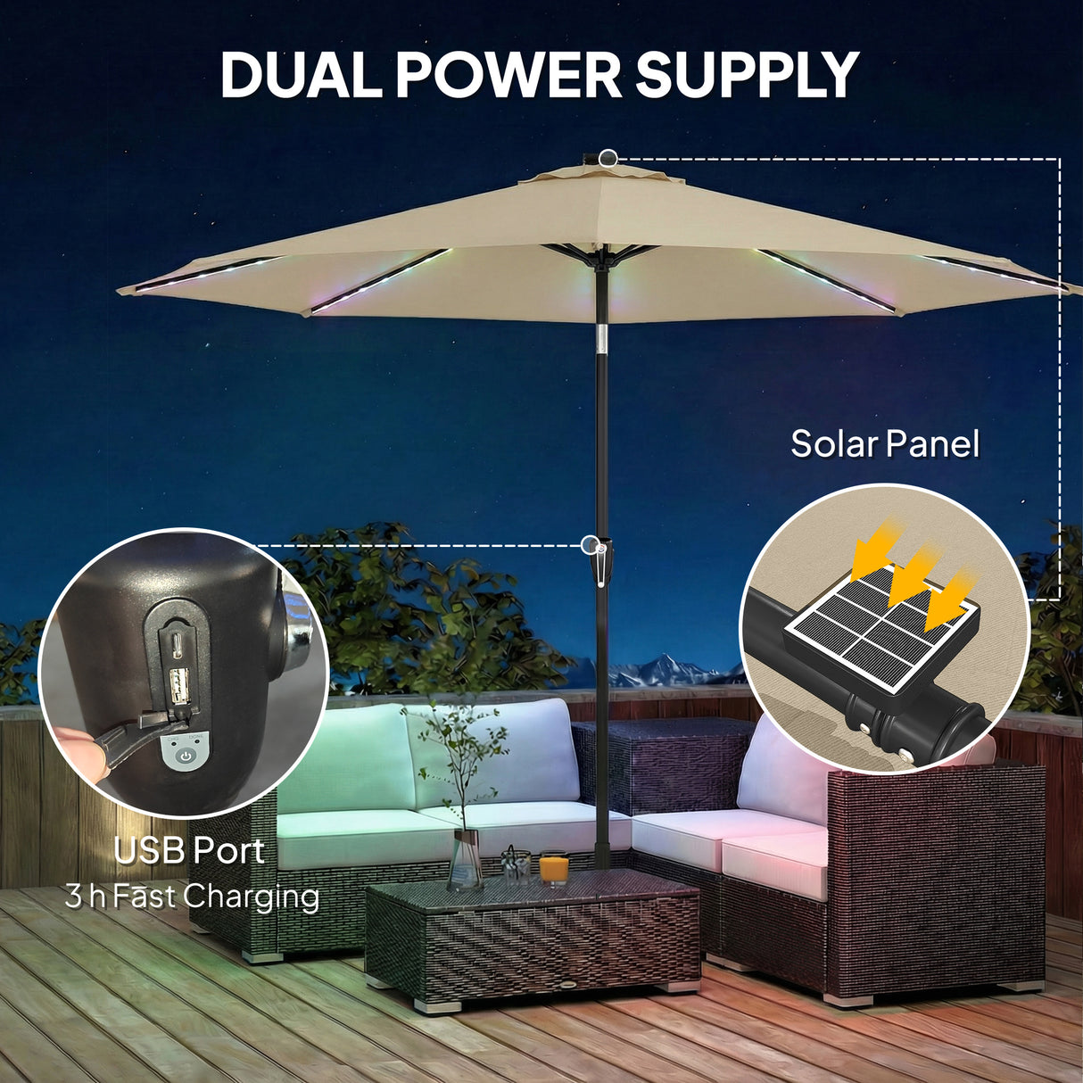 Polyester Tilting Parasol Umbrella With 112 Solar LED Light 295cm Diameter - Velmora