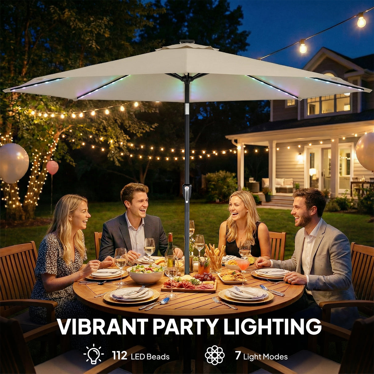 Polyester Tilting Parasol Umbrella With 112 Solar LED Light 295cm Diameter - Velmora