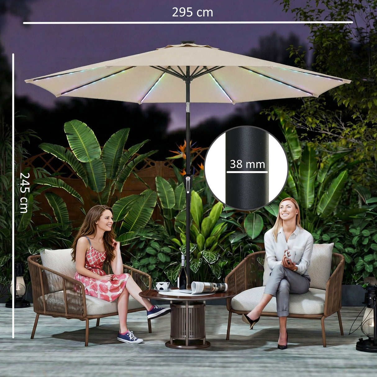 Polyester Tilting Parasol Umbrella With 112 Solar LED Light 295cm Diameter - Velmora