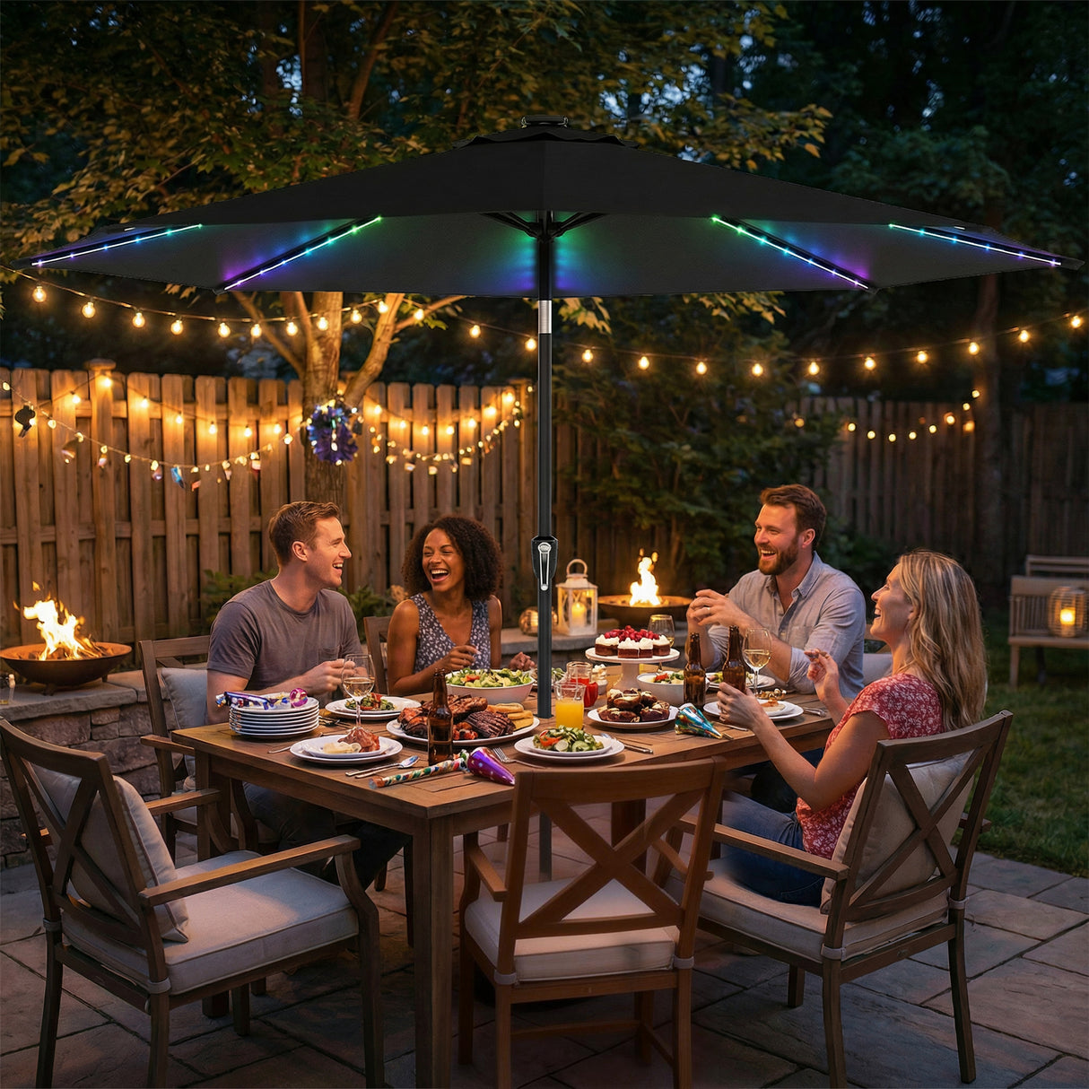 Polyester Tilting Parasol Umbrella With 112 Solar LED Light 295cm Diameter - Velmora