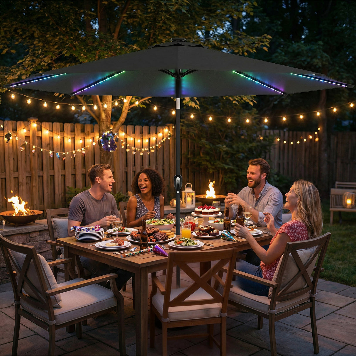 Polyester Tilting Parasol Umbrella With 112 Solar LED Light 295cm Diameter - Velmora