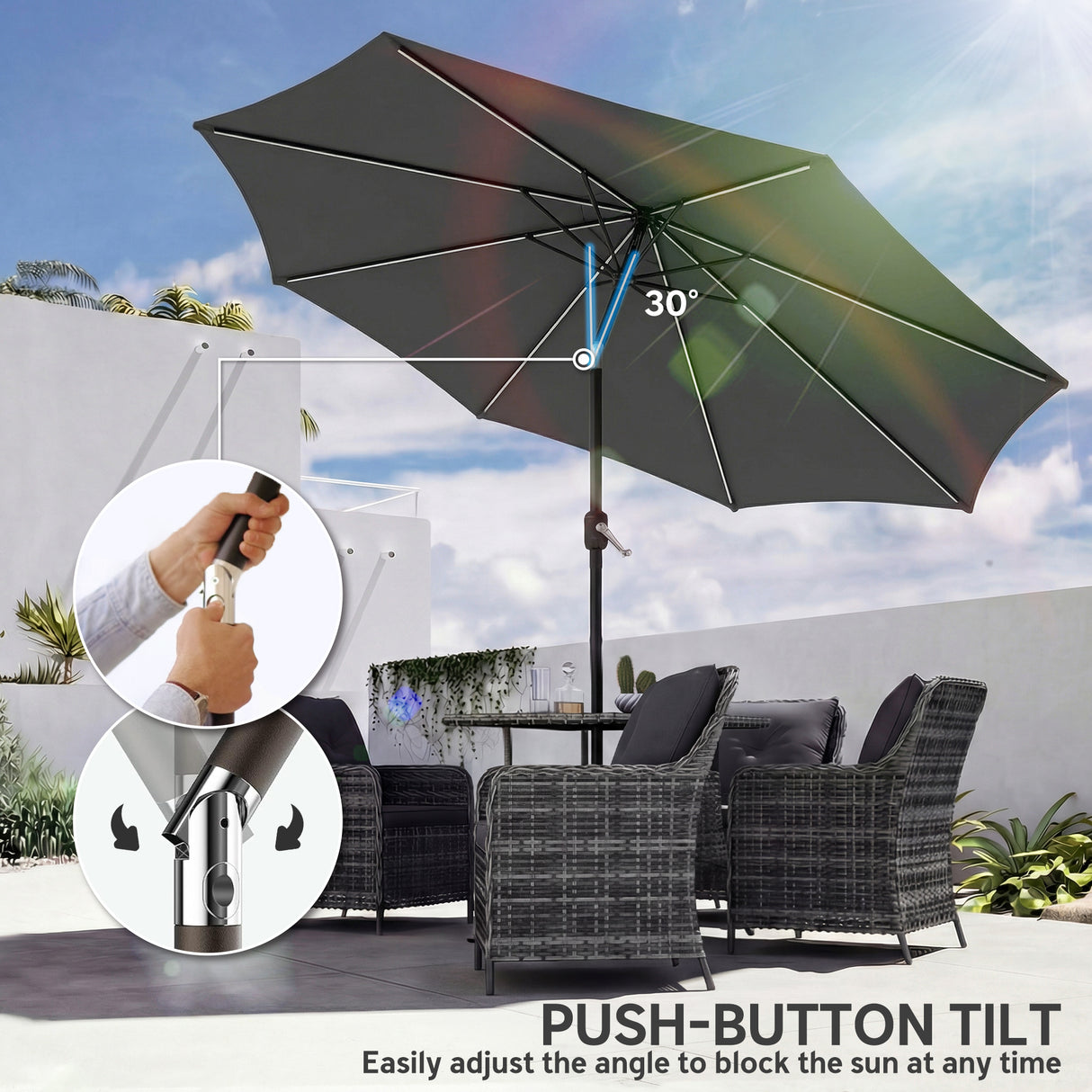 Polyester Tilting Parasol Umbrella With 112 Solar LED Light 295cm Diameter - Velmora