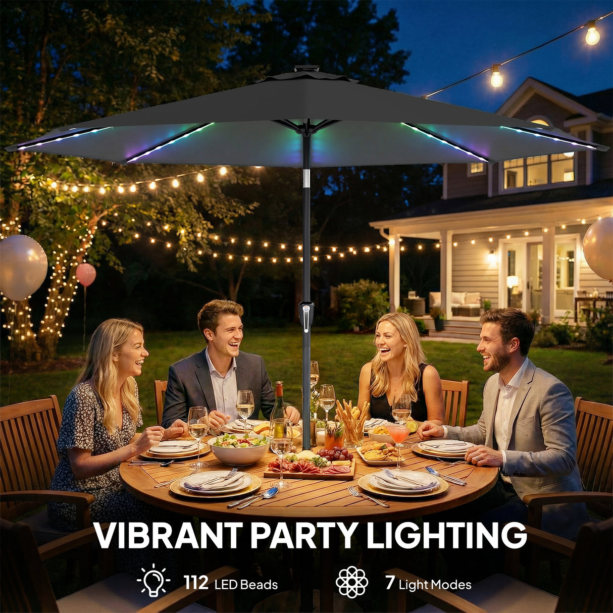 Polyester Tilting Parasol Umbrella With 112 Solar LED Light 295cm Diameter - Velmora