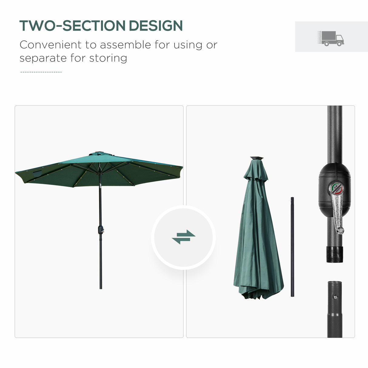 Polyester Tilting Parasol Umbrella With 24 LED Light 267cm Diameter - Velmora