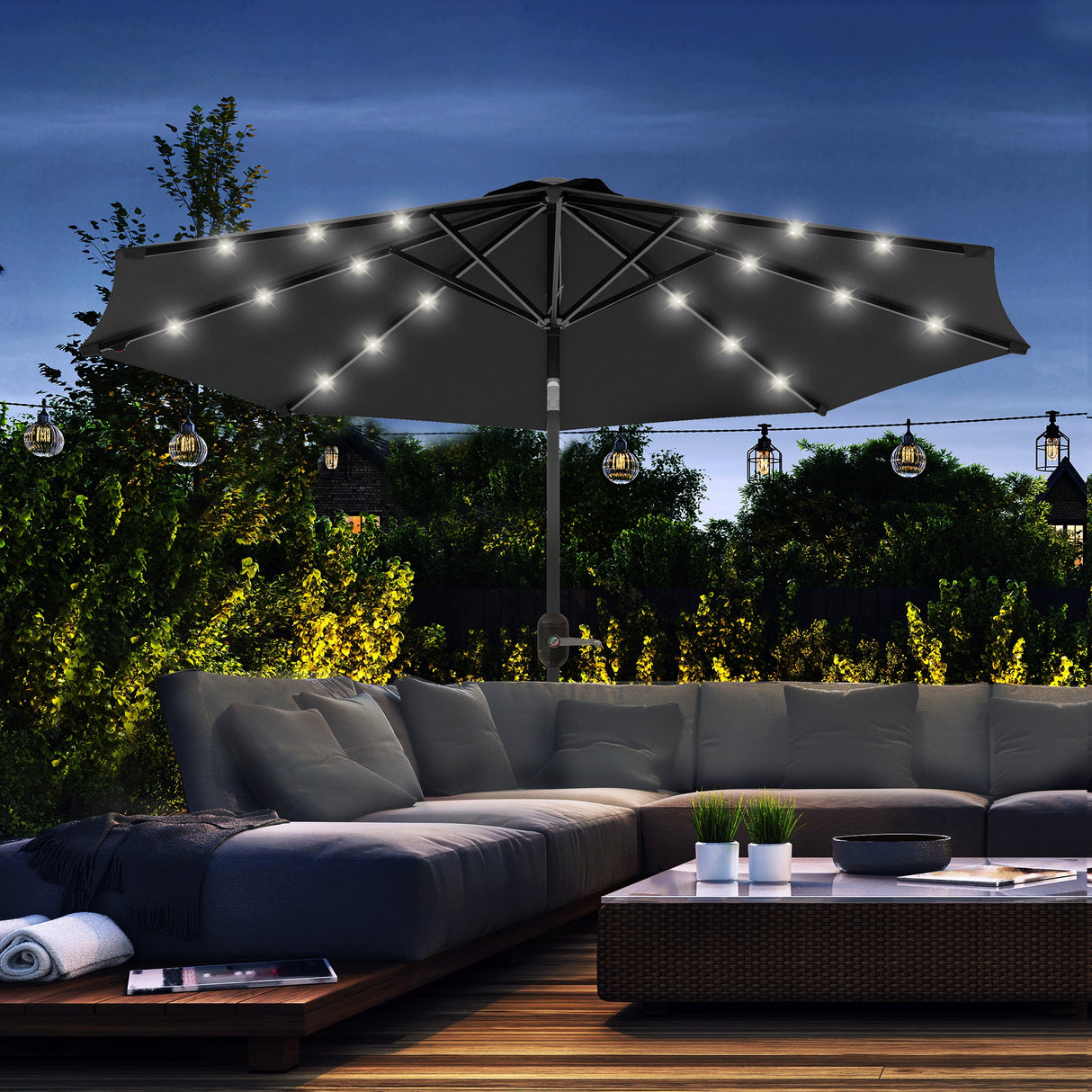 Polyester Tilting Parasol Umbrella With 24 LED Light 268cm Diameter - Velmora