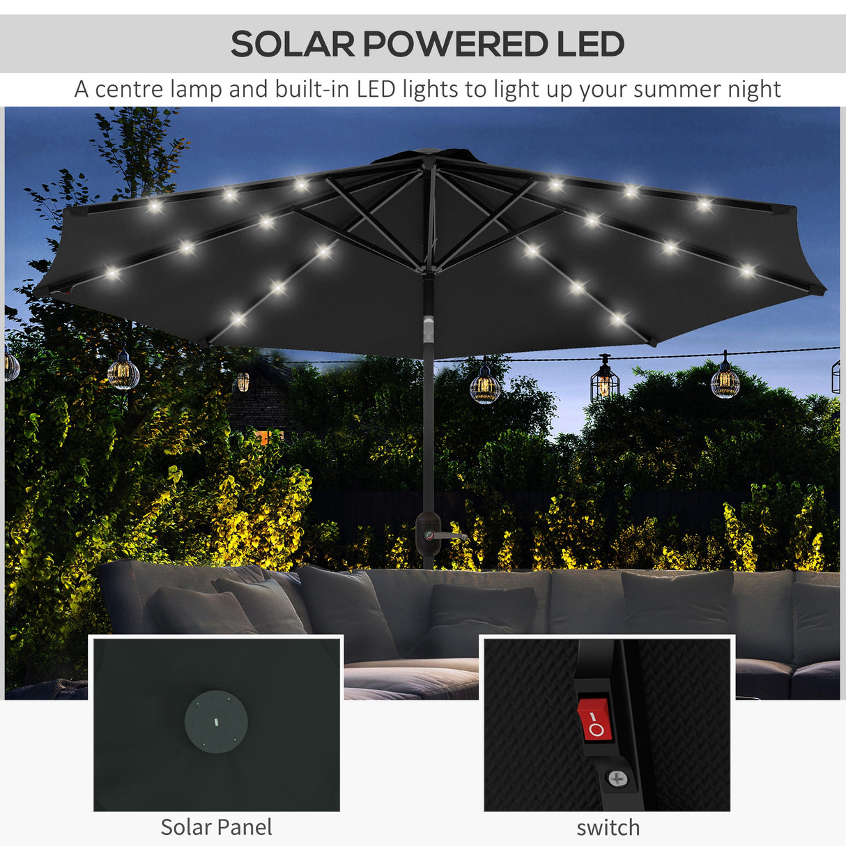 Polyester Tilting Parasol Umbrella With 24 LED Light 268cm Diameter - Velmora