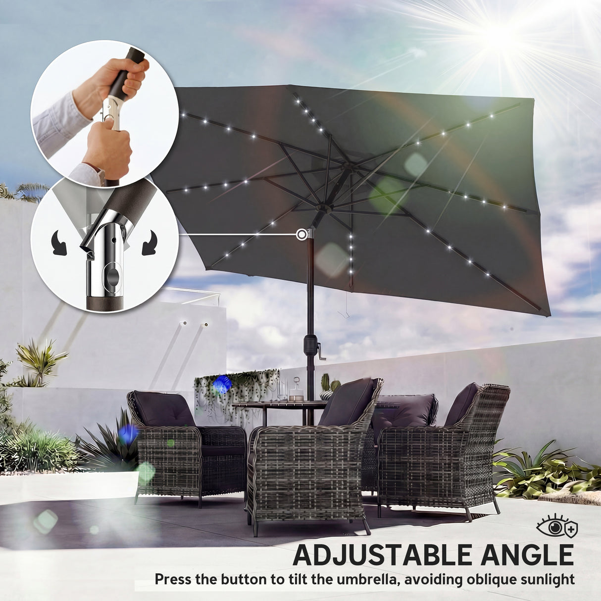 Polyester Tilting Parasol Umbrella With 24 Solar LED Light 289cm Width x 198cm Depth - Velmora
