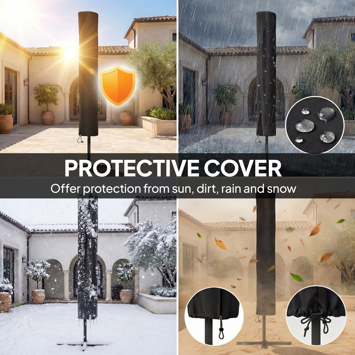 Polyester Tilting Parasol Umbrella With 24 Solar LED Light 289cm Width x 198cm Depth - Velmora