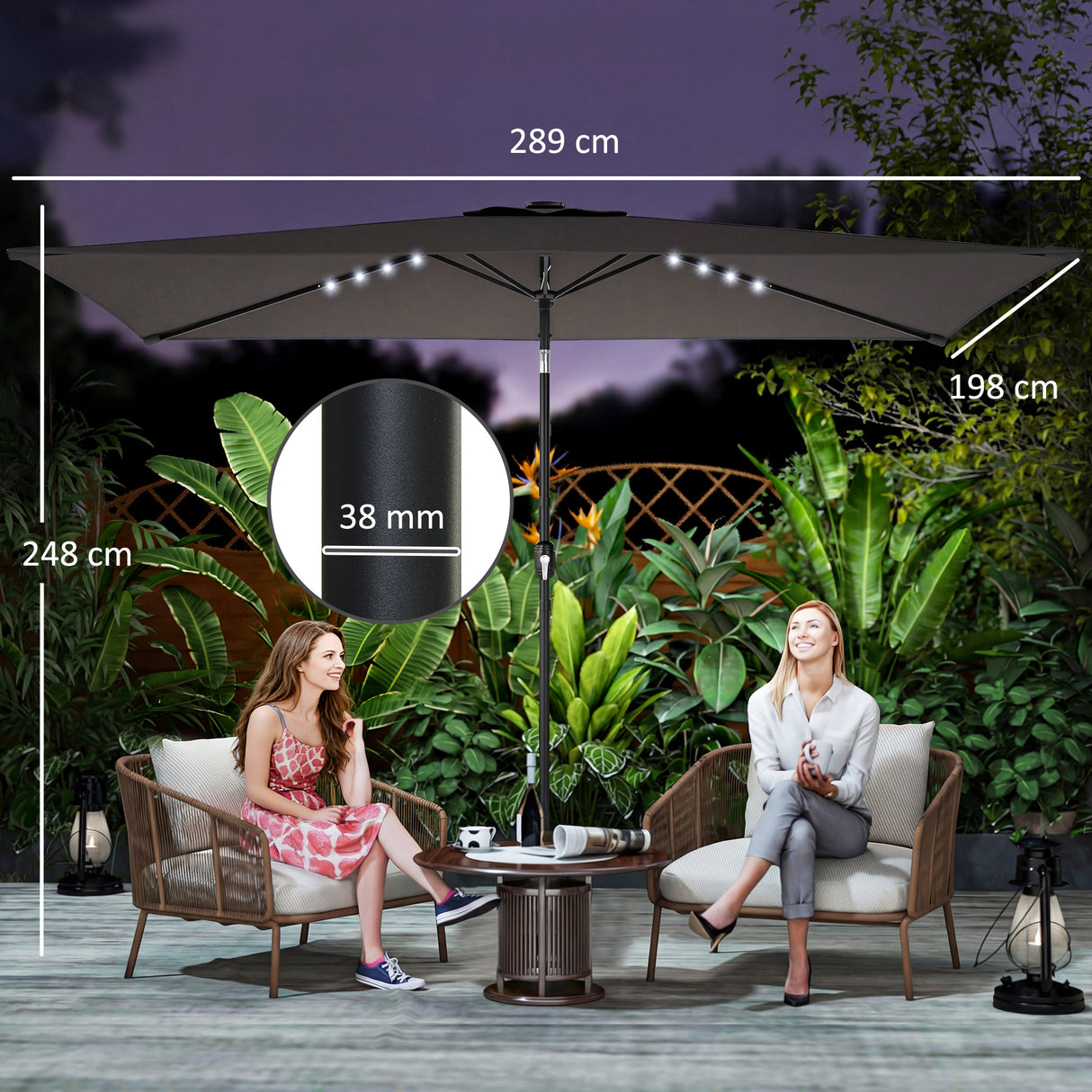 Polyester Tilting Parasol Umbrella With 24 Solar LED Light 289cm Width x 198cm Depth - Velmora