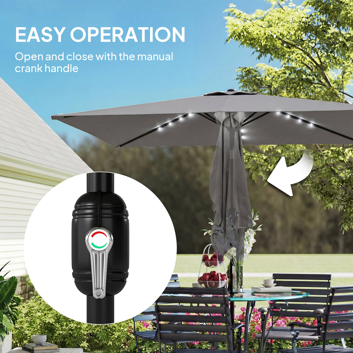 Polyester Tilting Parasol Umbrella With 24 Solar LED Light 289cm Width x 198cm Depth - Velmora