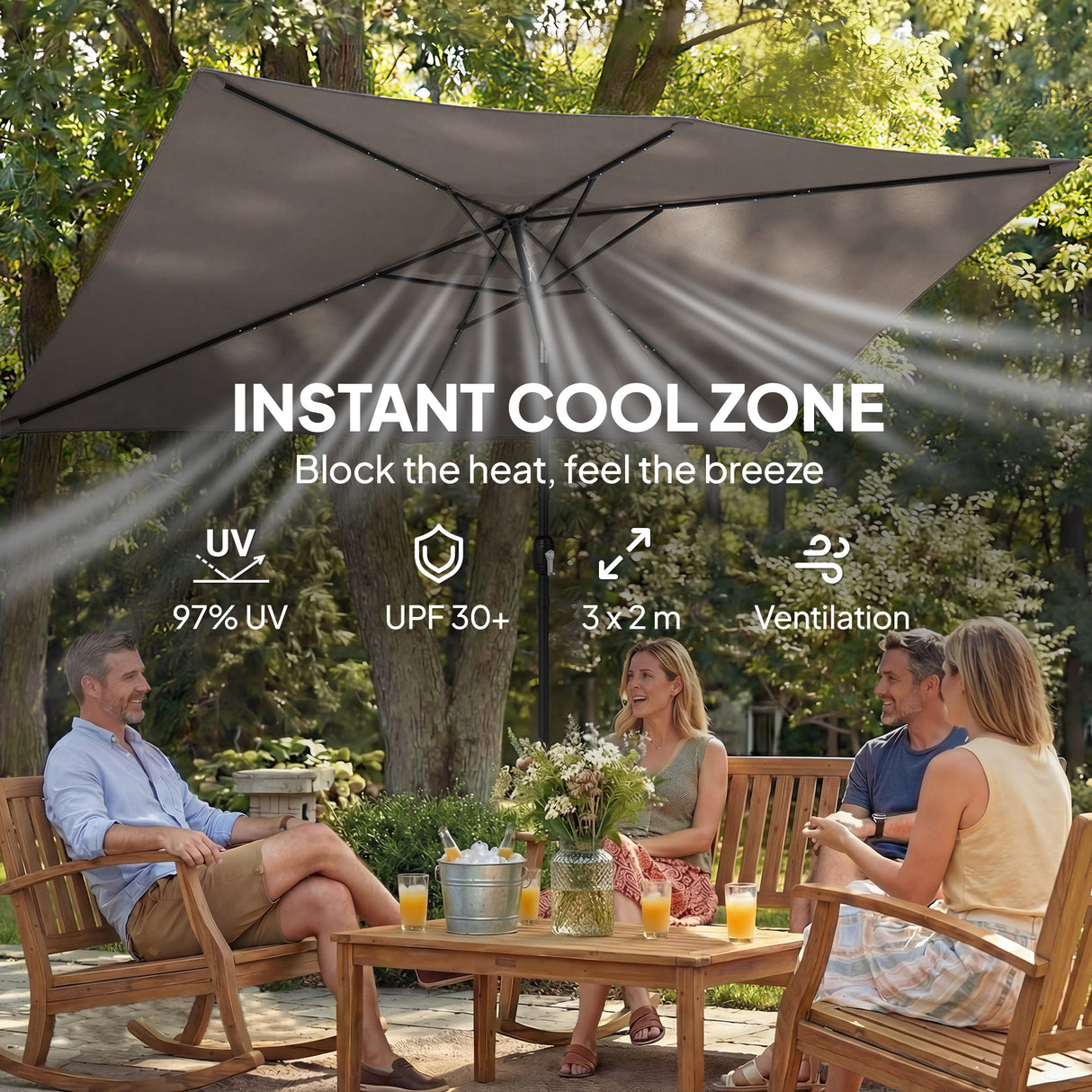 Polyester Tilting Parasol Umbrella With 24 Solar LED Light 289cm Width x 198cm Depth - Velmora