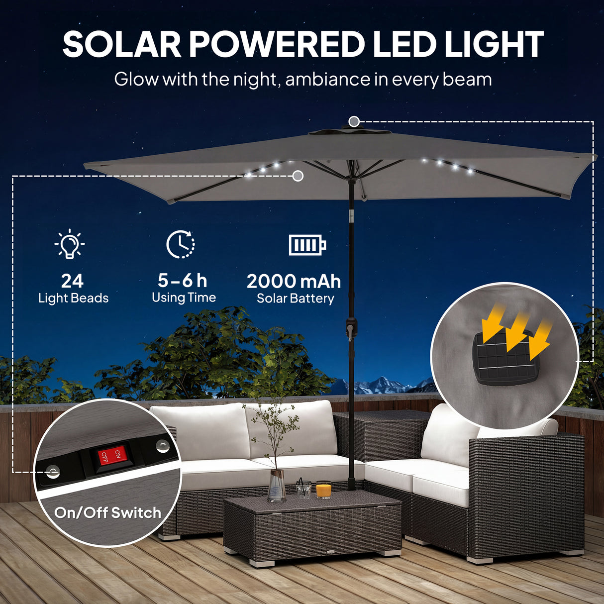 Polyester Tilting Parasol Umbrella With 24 Solar LED Light 289cm Width x 198cm Depth - Velmora