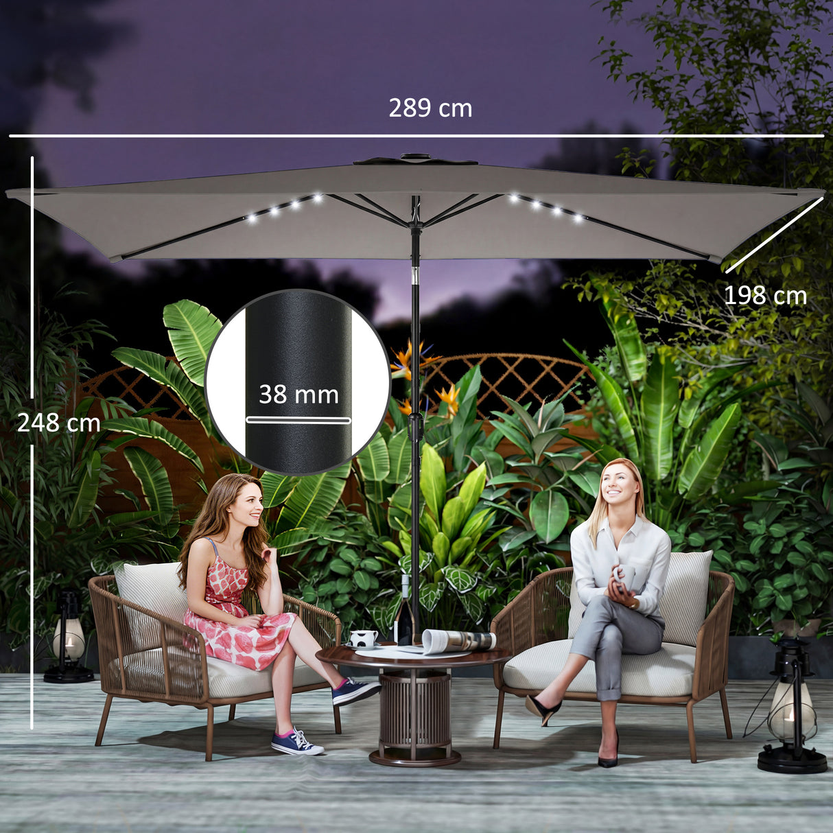 Polyester Tilting Parasol Umbrella With 24 Solar LED Light 289cm Width x 198cm Depth - Velmora