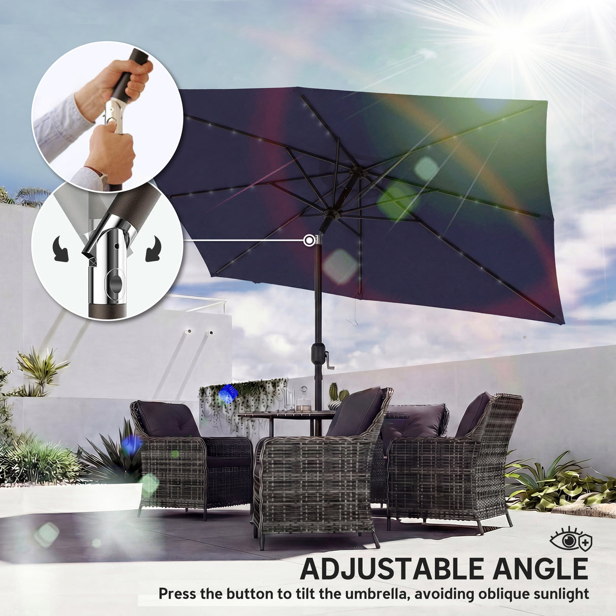 Polyester Tilting Parasol Umbrella With 24 Solar LED Light 289cm Width x 198cm Depth - Velmora