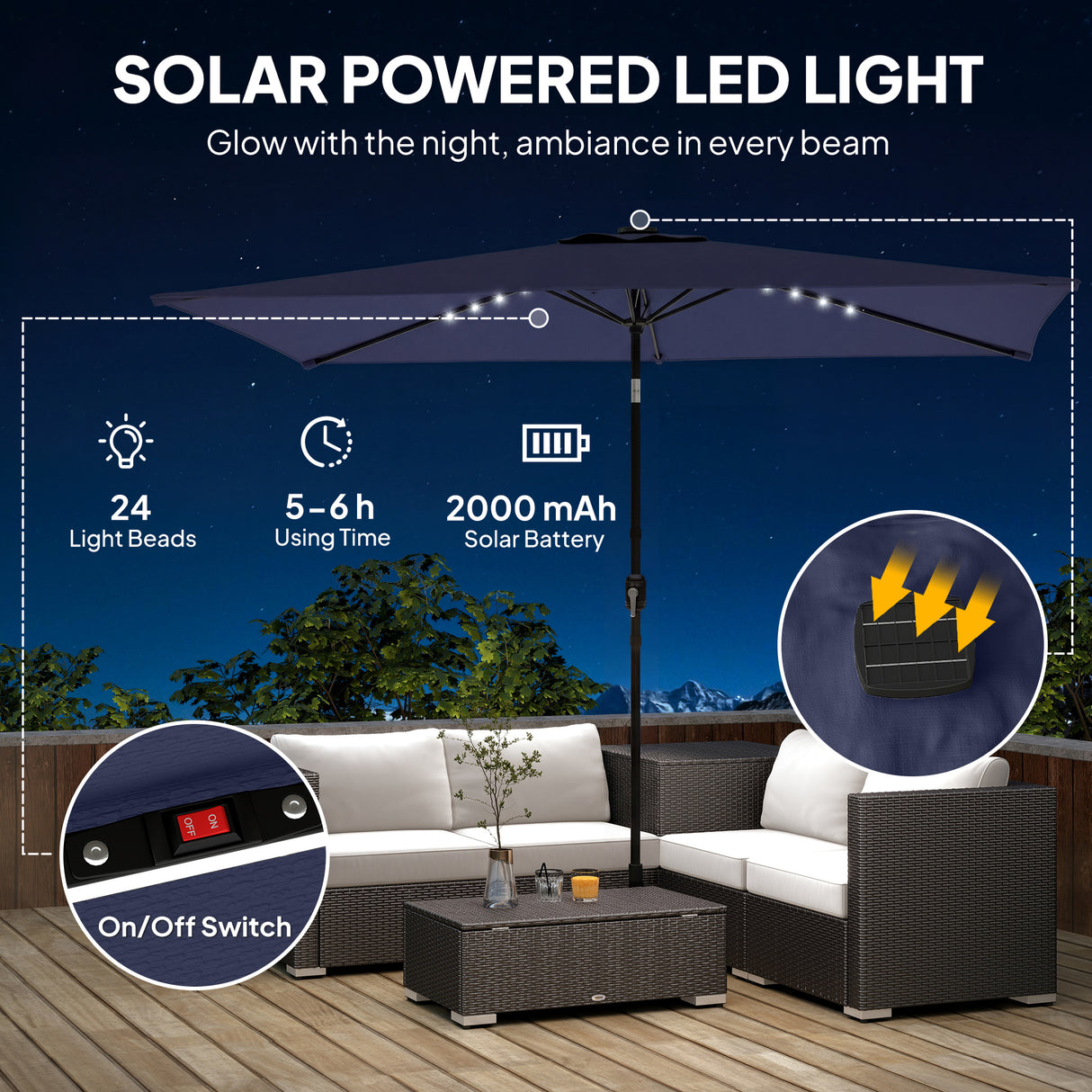 Polyester Tilting Parasol Umbrella With 24 Solar LED Light 289cm Width x 198cm Depth - Velmora