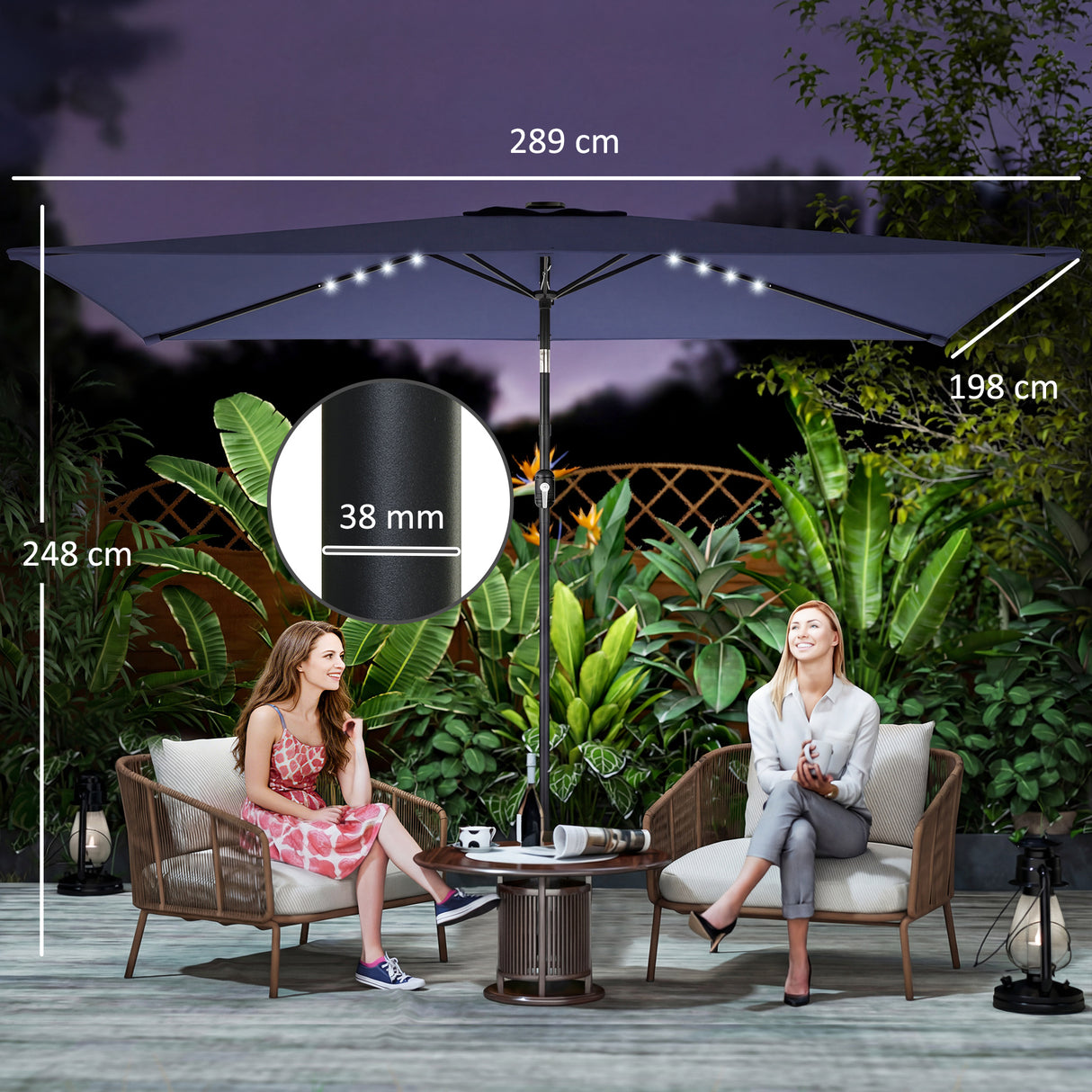 Polyester Tilting Parasol Umbrella With 24 Solar LED Light 289cm Width x 198cm Depth - Velmora