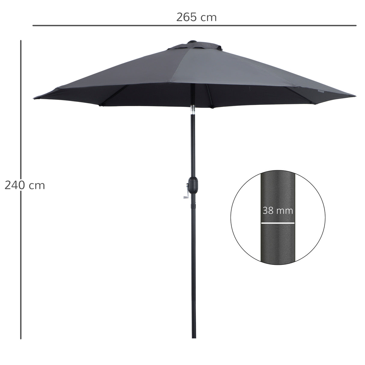 Polyester Tilting Parasol Umbrella With Glass Fibre Ribs 265cm Diameter - Velmora