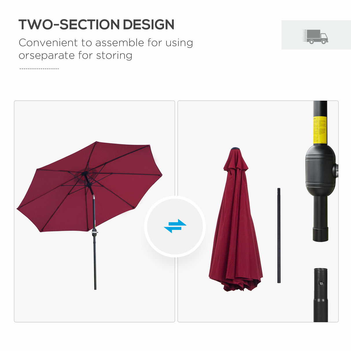Polyester Tilting Parasol Umbrella With Glass Fibre Ribs 265cm Diameter - Velmora