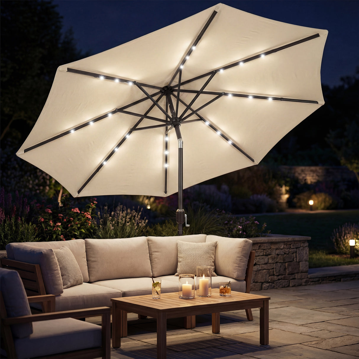 Polyester Tilting Parasol Umbrella With LED Solar Light 263cm Diameter - Velmora